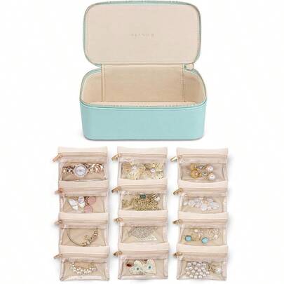 Travel Jewelry Organizer With 12 Veet Jewelry Bags Travel Jewelry Case For Girls Jewelry Storage Necklace Rings Earrings Bags Gifts For Women Daughter Friends Lake Blue