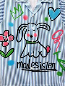 印花衬衫，男女通用，蓝色条纹上衣，可爱小狗皇冠和心形花朵图案，情侣装，街头艺术风格，休闲外向，年轻人，度假衬衫，情人节礼物，短袖，夏威夷风情 - 淺藍色 - 查看 4