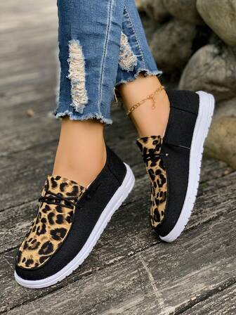 Women's Spring/Summer New Leopard Print Casual Shoes, Comfortable Low Vamp Round Toe, Lightweight & Fashionable, Lace-Up Soft Bottom Breathable Low-Top, Plus Size