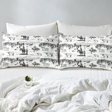 Western Cowboy Duvet Cover Set Queen SizeVintage Southwest Style Bedding Set Desert Cactus Cow Horse Animals Comforter Cover For Boys Girls Adult Room Decor Sketch Black White Quilt Cover 3Pcs - BlackWhite - View 6