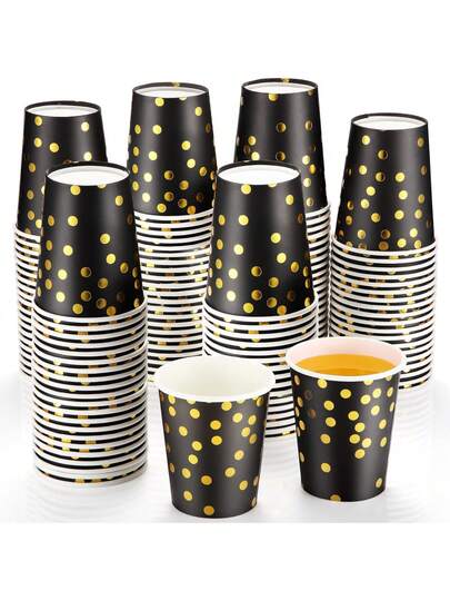 50/25/10 chiếc cốc giấy đen vàng 9oz, thích hợp đựng nước, nước ép, trà, dùng trong các bữa tiệc văn phòng, gia đình và khi đi du lịch.