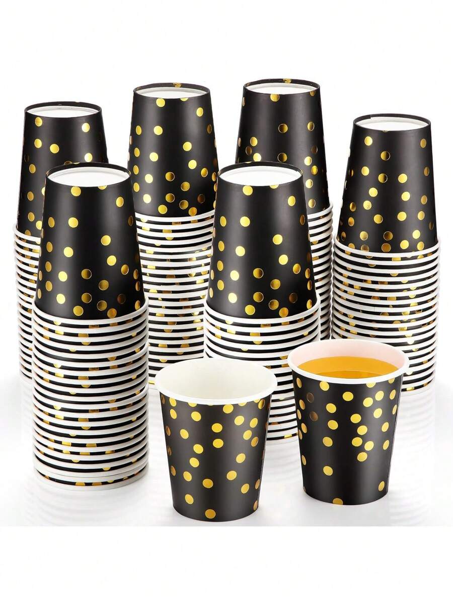 50/25/10个装 9盎司黑色金色纸杯，水杯，饮料杯，牛奶杯，果汁杯，适用于冷热饮，办公室，聚会，居家，旅行 - 黑金 - 查看 1