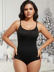 1件装女士无缝无袖V领连体衣，收腹提臀，高弹力 - 黑色 - 查看 5