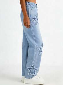 Teen Girls Loose Fit Star Embroidered Wide Leg Jeans, Versatile - Light Wash - View 3