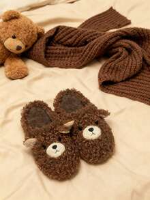 1 Pair Women's Cute Cartoon Bear Embroidered Curly Plush Slippers, Memory Foam Quiet Warm Novelty House Slippers For Autumn/Winter - Coffee Brown - View 3