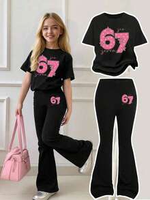 Tween Girls' Numeric Print Short Sleeve T-Shirt And Skinny Flare Pants Casual Outfit - Black - View 1
