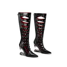 Nouveau style de gladiateur, fait main, dernier design ajouré avec rivets, confortable pour la randonnée et la danse, bottes à talons hauts asymétriques - Noir - Voir 9