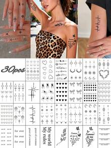 CAT QUEEN ART 30片/4片/3片装半永久手指纹身贴纸，简约精致的星月爱心蝴蝶蜘蛛艺术文字图案，适合作为狂欢节和情人节派对礼物，采用天然植物成分DIY，可用于手指、耳朵、肩膀、脖子、锁骨等部位，临时假纹身，1-2周不褪色，不反光，防水，逼真纹身贴纸。 - 藍色 - 查看 1