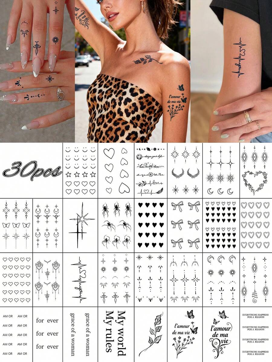 CAT QUEEN ART 30片/4片/3片装半永久手指纹身贴纸，简约精致的星月爱心蝴蝶蜘蛛艺术文字图案，适合作为狂欢节和情人节派对礼物，采用天然植物成分DIY，可用于手指、耳朵、肩膀、脖子、锁骨等部位，临时假纹身，1-2周不褪色，不反光，防水，逼真纹身贴纸。 - 藍色 - 查看 1