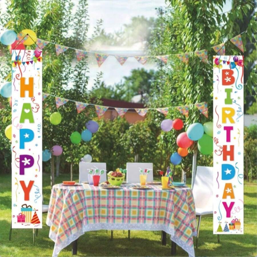 2D 生日快乐门挂横幅装饰，涤纶材质，彩色设计，黑色，适用于花园、春、夏、秋、冬生日派对背景装饰