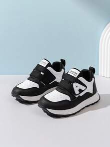 1 Pair Toddler Boys' Color Block PU Hook And Loop Design Flat Casual Cute Athletic Shoes, Suitable For Spring And Autumn - Black and White - View 5