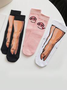 3 Pairs Unisex Pig Paw Design Mid-Calf Socks, Cute Animal Print Novelty Socks - Multicolor - View 4