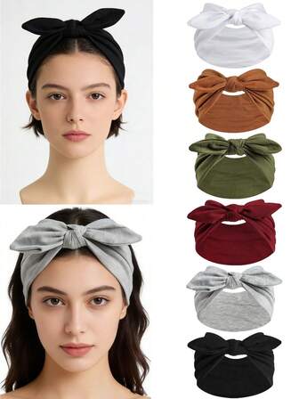 6pcs/Set New Cute Rabbit Ear Knotted Headbands, Paisley Pattern & Solid Color Elastic Bow Hair Bands For Yoga, Sports, Outdoor, Women
