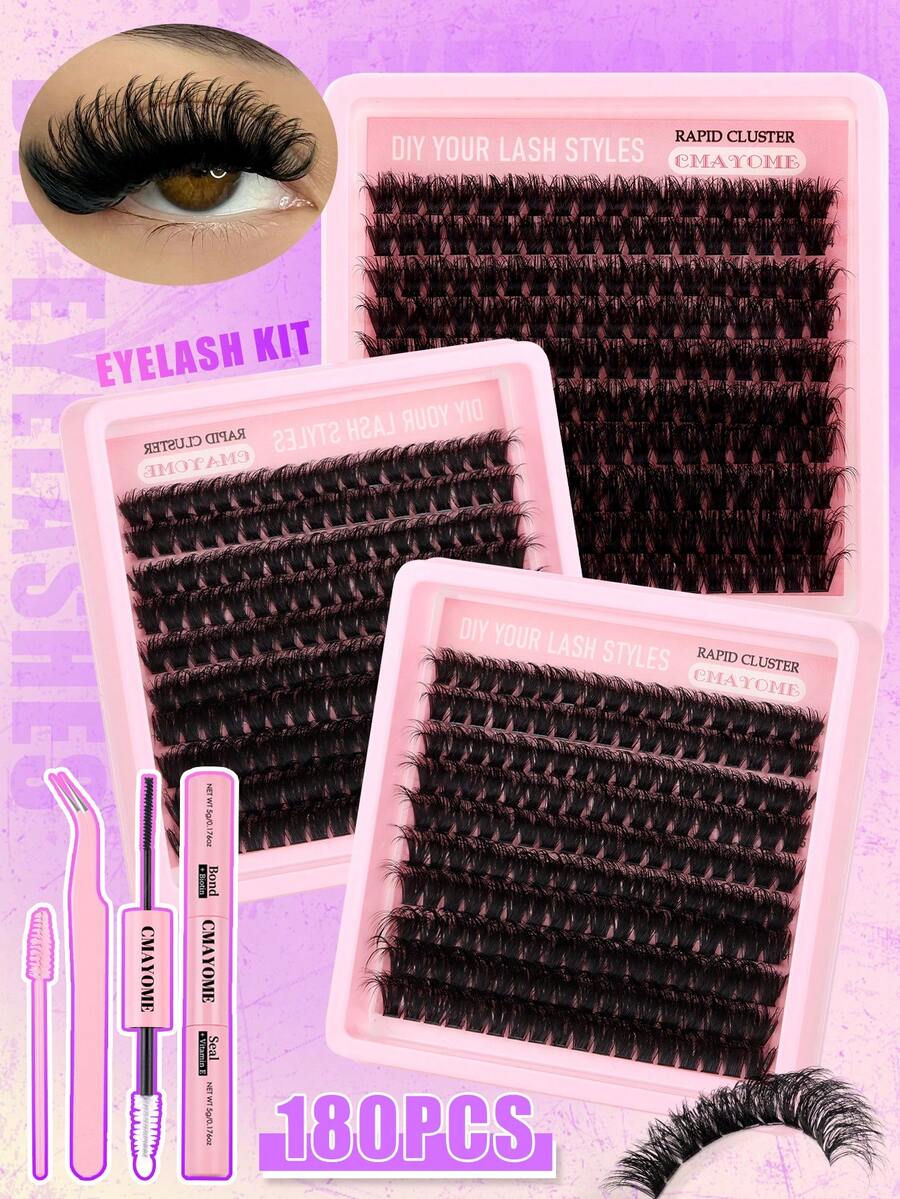 Kit De Extensão De Cílios 200/180/160 Peças, 14-20Mm, Conjunto Diy Para Extensão De Cílios Com Cola, Selante, Pinça, Pincel, Cílios Postiços Grossos Em Tufo 120D+140D+160D, Longos E Macios, Efeito Olho De Gato, Ideal Para Maquiagem, Festas, Viagens, Presente Perfeito Para Mulheres, Namorada E Mãe.