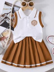 Tween Girl Letter Print Polo Collar Tank Top And Pleated Mini Skirt Set - White - View 1
