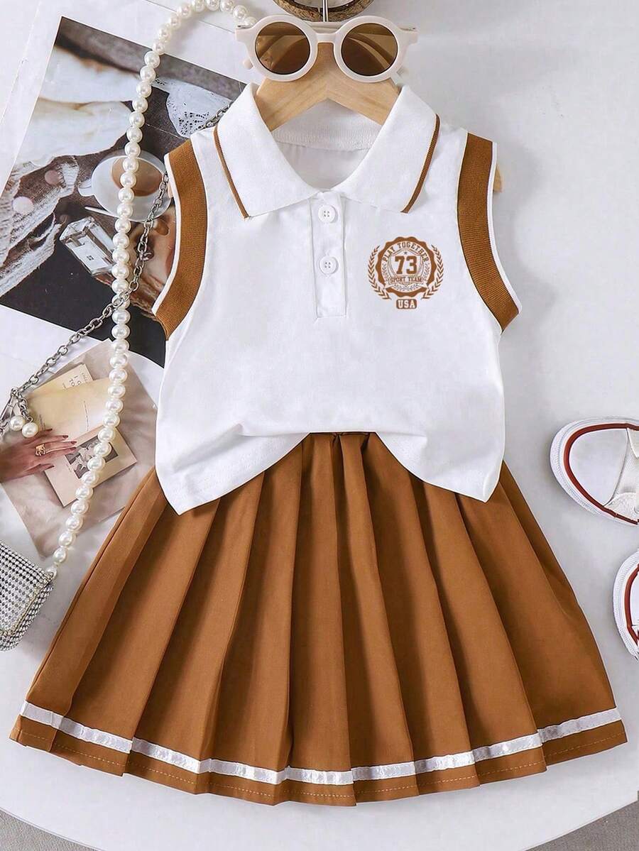 Tween Girl Letter Print Polo Collar Tank Top And Pleated Mini Skirt Set - White - View 1