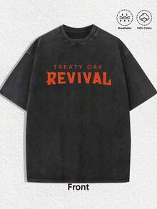 1 PCS "Retro Distressed Aesthetics Front Weathered Orange 'TREATY OAK REVIVAL' Typography & Back Same Typography + Vintage Comic-Style Illustration (Red-Haired Demon Figure, Classic Sedan, Bat Accents, Sunlit Background) + 'LEAVIN' HELL' Phrase" Print Black T-Shirt, 100% Cotton Unisex Oversized Fit Tee, Spring/Summer Casual Wear, Christmas Casual Gatherings, Street Style Hangouts, Music Festival Outings, Youthful Fashionable Design, Excellent Gifts For Friends & Fashion Enthusiasts, Urban Fashion, Daily Leisure - 黑色 - 查看 2