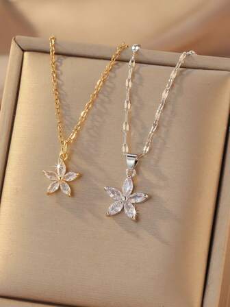 1 Peça Colar Feminino Pendente de Flor Pentagonal com Zircônia Cúbica Fashionable & Fresh, Dia dos Namorados