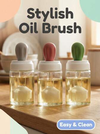 1pc Borosilicate Explosion-Proof Glass Oil Brush Bottle, Detachable And Easy To Clean, Dust-Proof And Moisture-Proof Oil Storage Bottle, Suitable For Baking/Barbecue/Kitchen Cooking/Outdoor Camping, Silicone Brush Head And Odorless, Kitchen Cooking Bottle.
