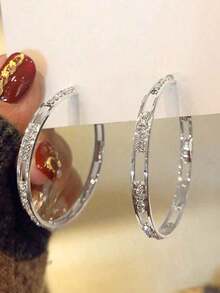 2 piezas Pendientes de aro geométricos huecos con circonita cúbica, de cobre con tono dorado de lujo y ligeros, adecuados para fiestas, reuniones, bailes, regalos y accesorios de uso diario - Plateado - Ver 9