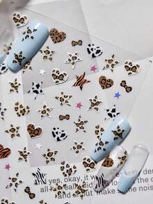 1 pieza Lindo y elegante adhesivo de arte de uñas con estampado de leopardo, esencial para técnicos de uñas, diseño 3D en relieve con estampado de leopardo rosa, azul y marrón, corazón y lazo, adhesivo de uña reutilizable para manualidades DIY, regalo para mujeres, suministros de arte de uñas, accesorio elegante - Multicolor - Ver 5