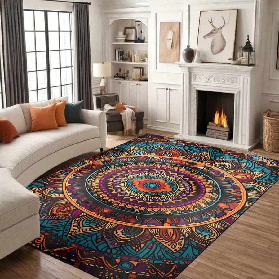 1pc Extra Large Bohemian Purple Mandala Area Rugs - Non-Slip Machine Washable Floor Rugs With Purple/Blue/Pink/Black/Teal Intricate Pattern, Durable Polyester & TPR Backing For Living Room, Bedroom, Home Decor - 樣式 4 - 查看 1