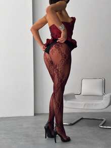 1 Cặp quần tất ren hoa cho nữ, tất lưới, quần bó cạp cao ôm sát, cỡ lớn, phù hợp cho nhiều dịp khác nhau - Cụm hoa màu đỏ tía - Xem 3