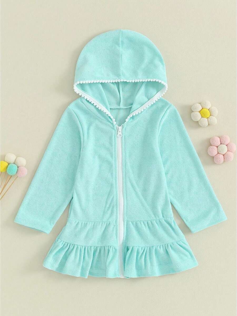 Kids Toddler Little Girl Swim Cover Up Terry Zip-Up Hooded Beach Bathing Suit Swimsuit Wraps Zipper Coverup Dress - 藍色 - 查看 1