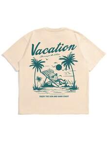 男士热带印花短袖T恤，舒适透气，适合夏季穿着，时尚百搭。 - 杏色 - 查看 3