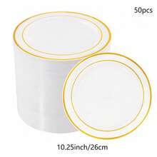 25个（7.5英寸/10.25英寸）多尺寸白色圆形双圈金色边盘水果沙拉盘，可重复使用且可清洗，适用于婚礼、派对、宴会、情人节、感恩节和圣诞节等场合，宴会餐具，派对餐盘，节日设计，时尚服务，可重复使用餐具，易于清洁，盛菜盘，餐饮服务，派对组织者
