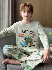 2pcs/Set Autumn Cartoon Dinosaur Print Pajamas For Boys, Round Neck Skin-Friendly Comfortable Long Sleeve Long Pants Set For Big Kids - Green - View 3