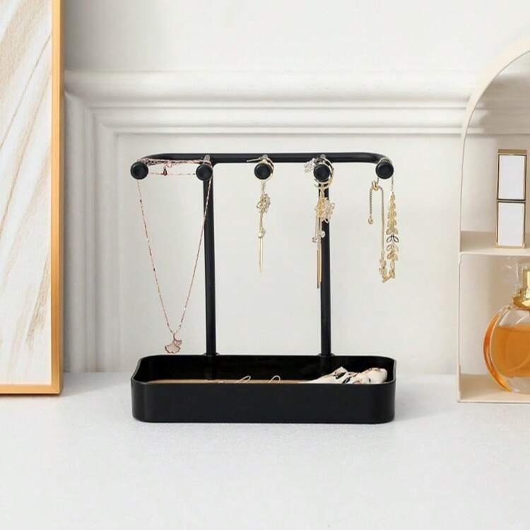 Jewelry Display Stand, Desktop Hanging Earring, Necklace, Bracelet, Ring, Key, Hair Accessory, Elastic Band Organizer, Iron Art Hanging Rack, Wooden Tray,Room Decor - Black - View 9