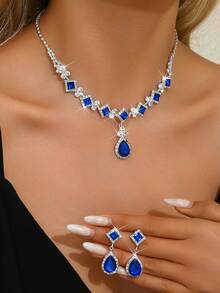 女士水滴形和方形水钻项链耳环套装 - 银色派对婚礼首饰 - 8056 - 查看 16