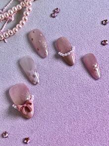 10片/套 女士按压式美甲贴片，杏仁形美甲贴片，新年美甲贴片，柔粉色猫眼珍珠猫爪蝴蝶结手工设计，全覆盖亚克力亮面可重复使用假指甲套装，包含指甲胶水和指甲锉，新年、情人节、约会、日常佩戴礼物 - 彩色 - 查看 6