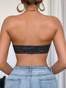 1pc Women's Bra, Front Clasp Sequin Decor Bandeau With Removable Pads, Women's Lingerie - Black - View 2