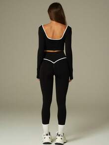 UONNOU Set sport 2 buc pentru femei, top cu mânecă lungă și pantaloni, modelator de talie, modelator de talie, subțiere a picioarelor, linii contrastante ale pieptului, orificiu pentru degetul mare, tiv scurt, moale și confortabil, potrivit pentru sporturi în aer liber, yoga, fitness, casual, viața de zi cu zi, serviciu, cumpărături, petreceri și sărbători, îmbrăcăminte sport la modă, toate anotimpurile, primăvară/vară - Negru - Vizualizare 5