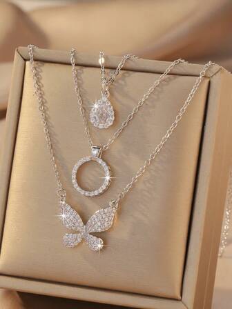 3pcs Copper & Zirconia Crystal Elegant Water Drop, Butterfly, Round Pendant Necklaces, High-End Design Versatile Women's Clavicle Chain, Decorative Gift