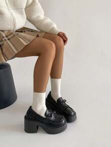 SRSOO 2026 New Spring/Summer Black Thick High Heel Round Toe Fringe Thick Sole Retro Mary Jane Shoes For Women - Black - View 7