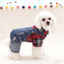 适合小型犬、泰迪犬、贵宾犬、幼犬的秋/春季薄款牛仔宠物服装 - 紅色 - 查看 5