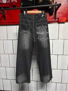 2026 Y2K Men's Wide Leg Jeans Dark Wash Letter Print Street  Trousers - BW1024印花 - 查看 4