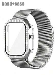 Compatible With Watch Band And Combo.Stylish And Casual, Both Men And Women.Featuring A Soft, Breathable, Adjustable, Loop-Shaped Stainless Steel Woven Magnetic Clasp Band With A Sparkling-Encrusted, Drop-Resistant, And Scratch-Resistant Pc And Tempered Glass Protective Film, This Two-In-One Is Compatible With Watch Series Ultra/11/10/9/8//6/5/4/3/Se, With 38/40/41/42/44/45//49mm Bands And Cases. - Hồng ánh sao - Xem 1