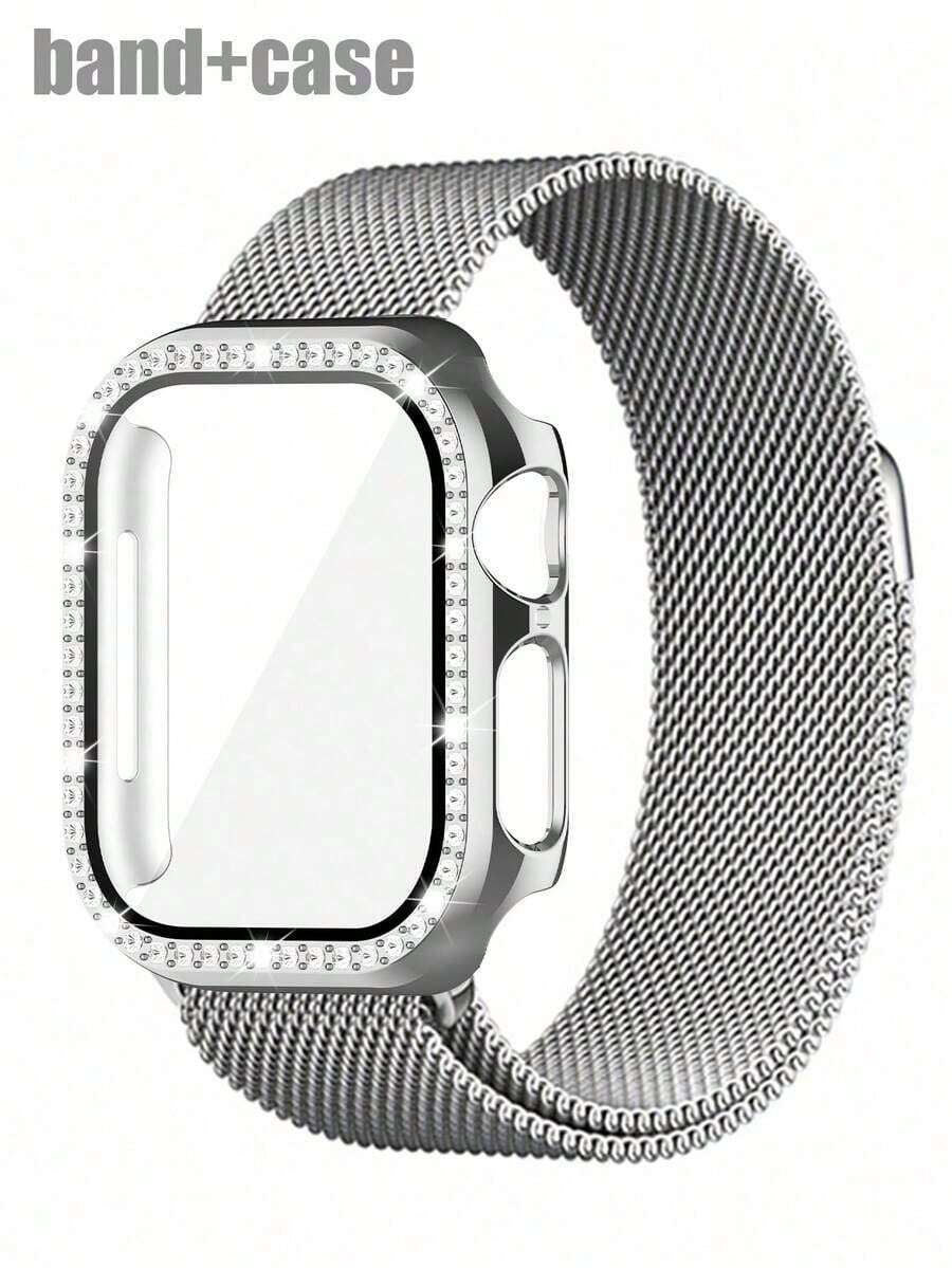 Compatible With Watch Band And Combo.Stylish And Casual, Both Men And Women.Featuring A Soft, Breathable, Adjustable, Loop-Shaped Stainless Steel Woven Magnetic Clasp Band With A Sparkling-Encrusted, Drop-Resistant, And Scratch-Resistant Pc And Tempered Glass Protective Film, This Two-In-One Is Compatible With Watch Series Ultra/11/10/9/8//6/5/4/3/Se, With 38/40/41/42/44/45//49mm Bands And Cases. - Hồng ánh sao - Xem 1