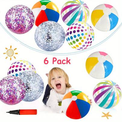 6 Pack Party Beach Balls - 12" Premium Inflatable Pool Toys For Water Games, Beach Balls Bulk Hawaiian Tropical Theme Birthday Bash Decorations For Kids Summer Party Supplies