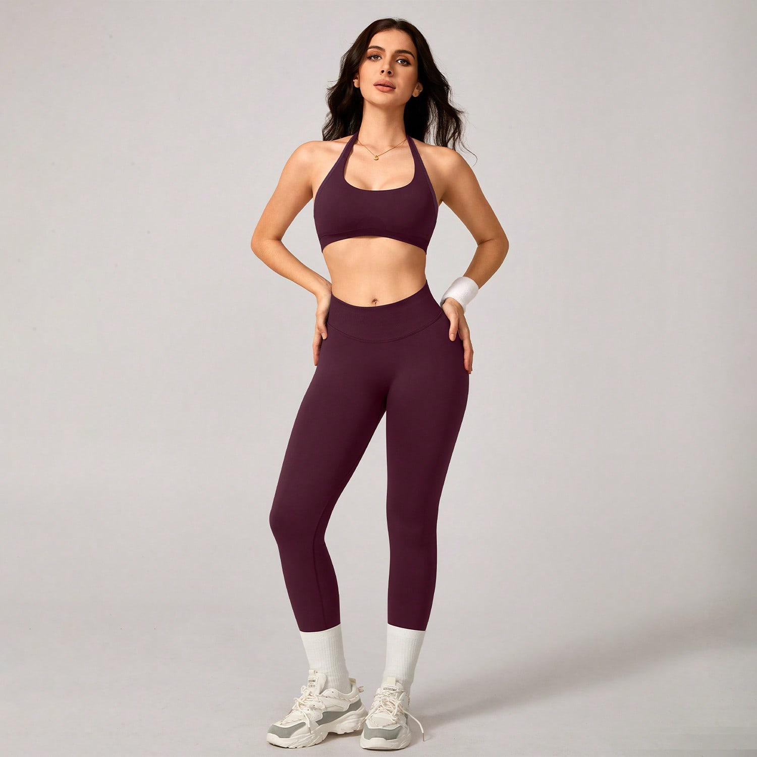 Set de Sujetador Deportivo y Mallas de unicolor Elástico para Fitness, Entrenamiento, Running, Yoga, Pilates y Verano