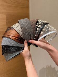 1件装女士时尚高端星光水钻大号仿珍珠铆钉网布宽檐发带，适合日常休闲搭配、洗发、高髻和分叉发型，可作为礼物送给女朋友，时尚日常、居家、护肤发带、四季户外佩戴、情人节礼物、狂欢节礼物、发带、发箍、发箍、美发家居饰品 - 彩色 - 查看 3