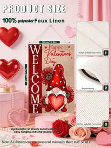 1 pieza Bandera de jardín del Día de San Valentín, bandera de bienvenida de poliéster de doble cara, diseño de gnomo con corazón, decoración exterior de arpillera impermeable, 12x18 pulgadas, con uso multipropósito para el hogar, el porche, el patio - Multicolor - Ver 2