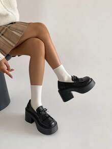 SRSOO 2026 New Spring/Summer Black Thick High Heel Round Toe Fringe Thick Sole Retro Mary Jane Shoes For Women - Black - View 4