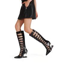 Nouveau style de gladiateur, fait main, dernier design ajouré avec rivets, confortable pour la randonnée et la danse, bottes à talons hauts asymétriques - Noir - Voir 5