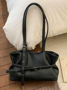 1 Stück modische vielseitige Boston Tasche mit großer Kapazität, Damen lässige einfarbige PU-Leder Patchwork Umhängetasche, geeignet für Schule, Arbeit, Einkaufen, Weihnachtsgeschenk - Schwarz - Übersicht 6