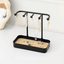 Stojak ekspozycyjny na biżuterię, wiszący na biurko kolczyk, naszyjnik, bransoletka, pierścionek, klucz, akcesoria do włosów, organizer na gumki, wieszak na biżuterię z żelaza, drewniana taca - Czarne - Zobacz 2